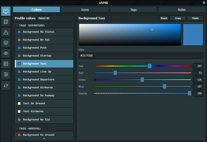 Actual Control Center color editor with Select All, Reset, Copy and Paste