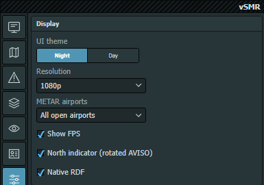 Settings Display section with theme, resolution, METAR airports, north indicator and Native RDF