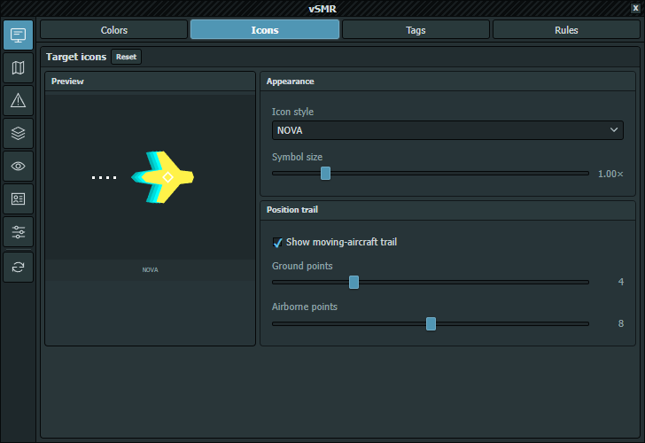 Icon style, symbol-size and position-trail controls with the native preview