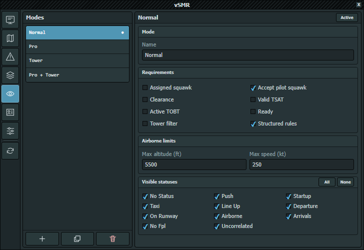 Active Normal mode with requirements, airborne limits and visible statuses