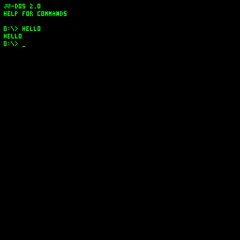 HELLO.COM running in JV-DOS and returning to the prompt