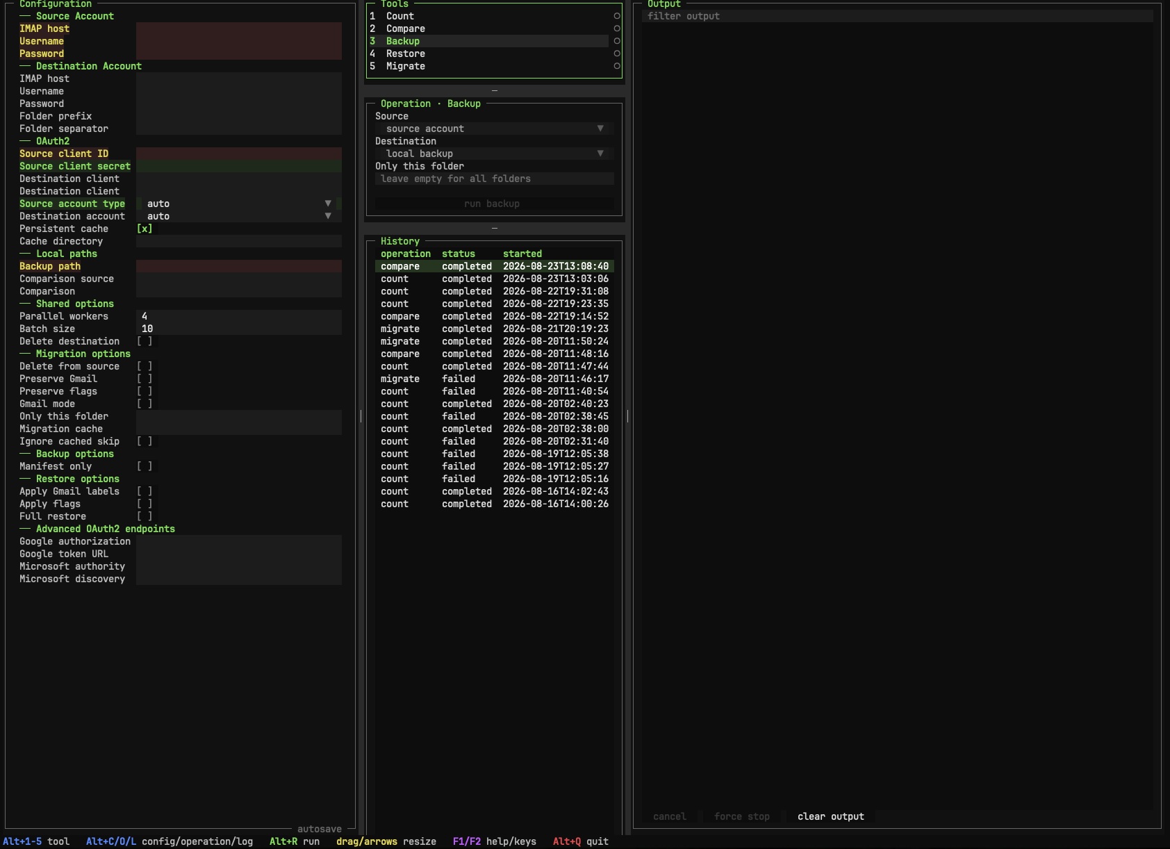 IMAP Migration Tools terminal interface showing Configuration, Tools, Operation, History, and Output panels