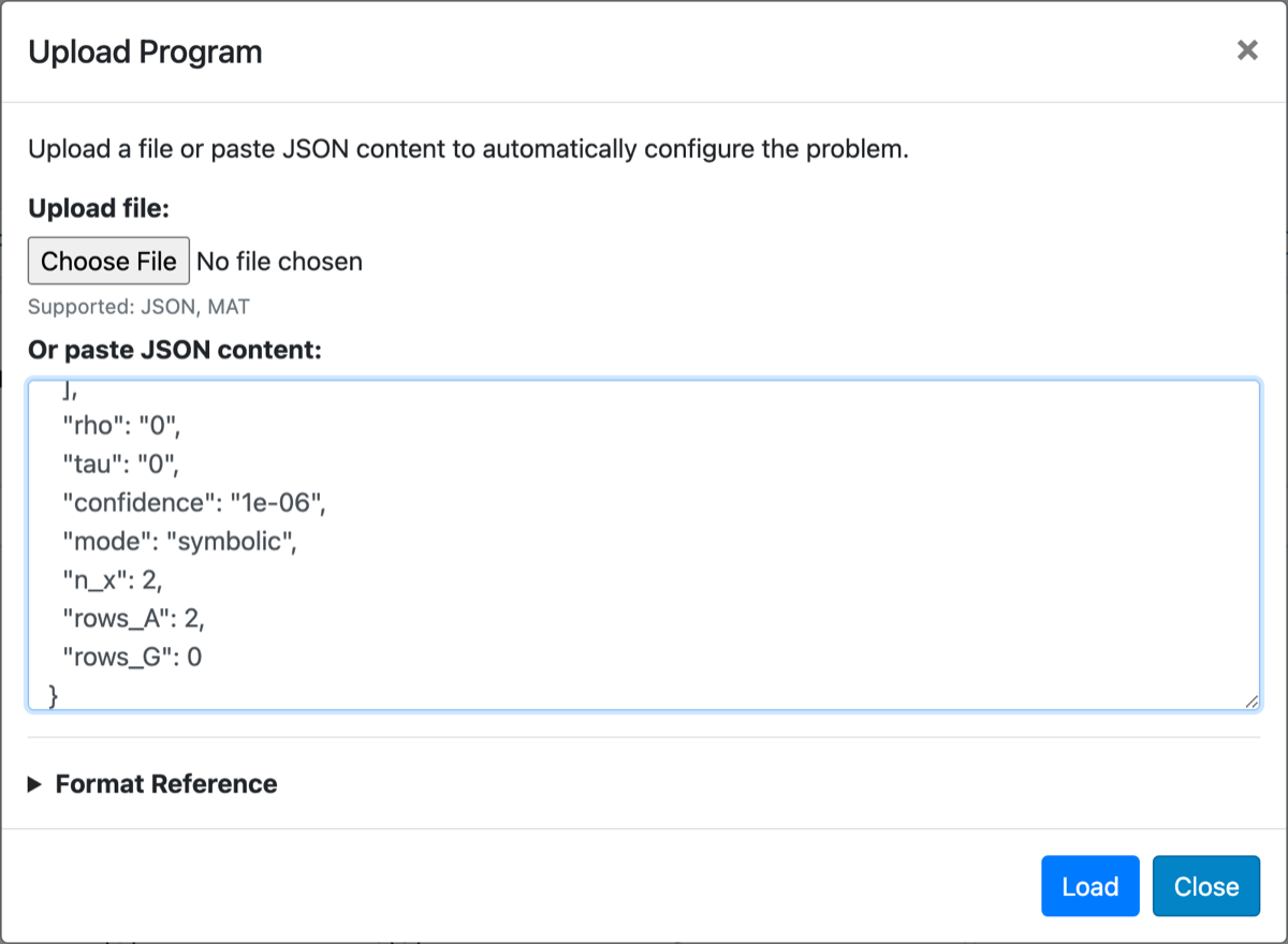 The Upload Program dialog with the program pasted in