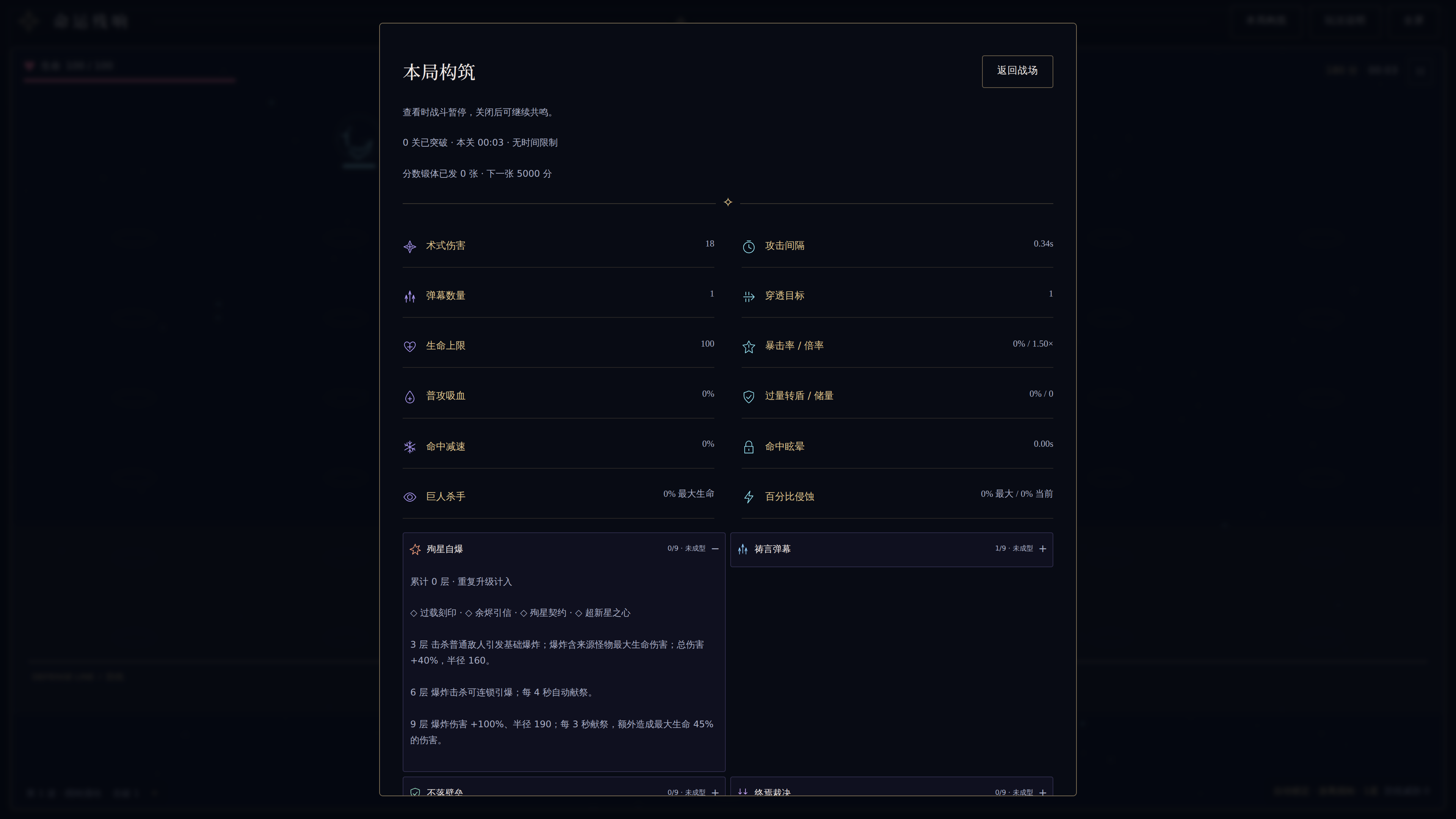 Current Build panel: stats, collected augments and family thresholds