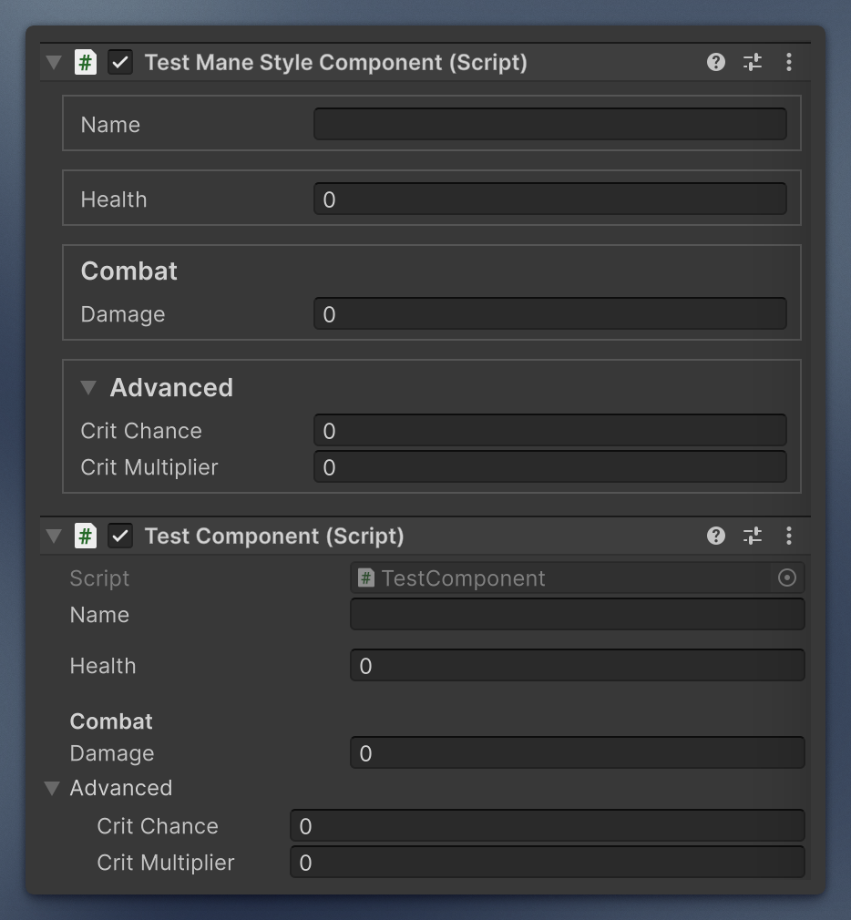 ManeStyle blocks vs. Default Unity inspector