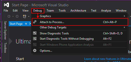 Navigating to the Attach to Process dialog with the menu bar.