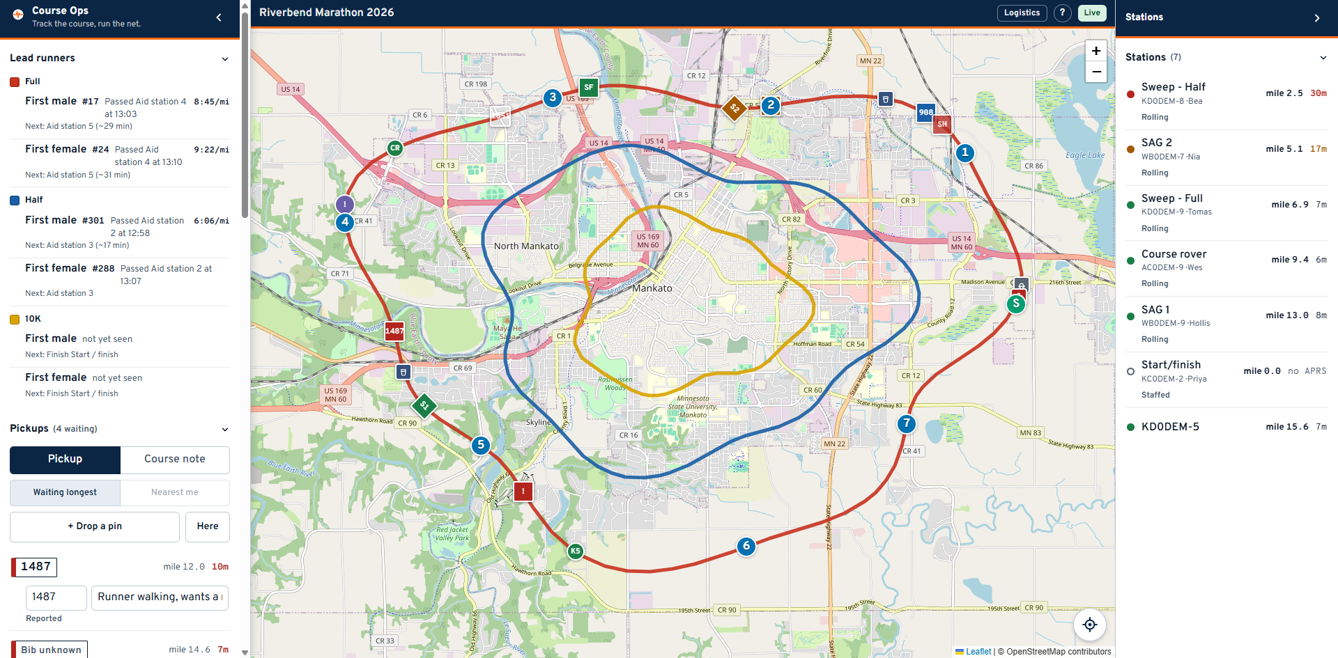 Logistics: lead runners and the report controls on the left, the map, stations on the right