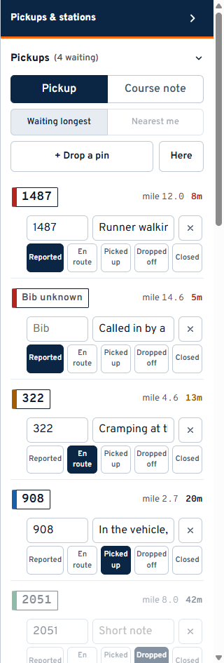 Pickups: bib, note, and the status buttons across the bottom of each row