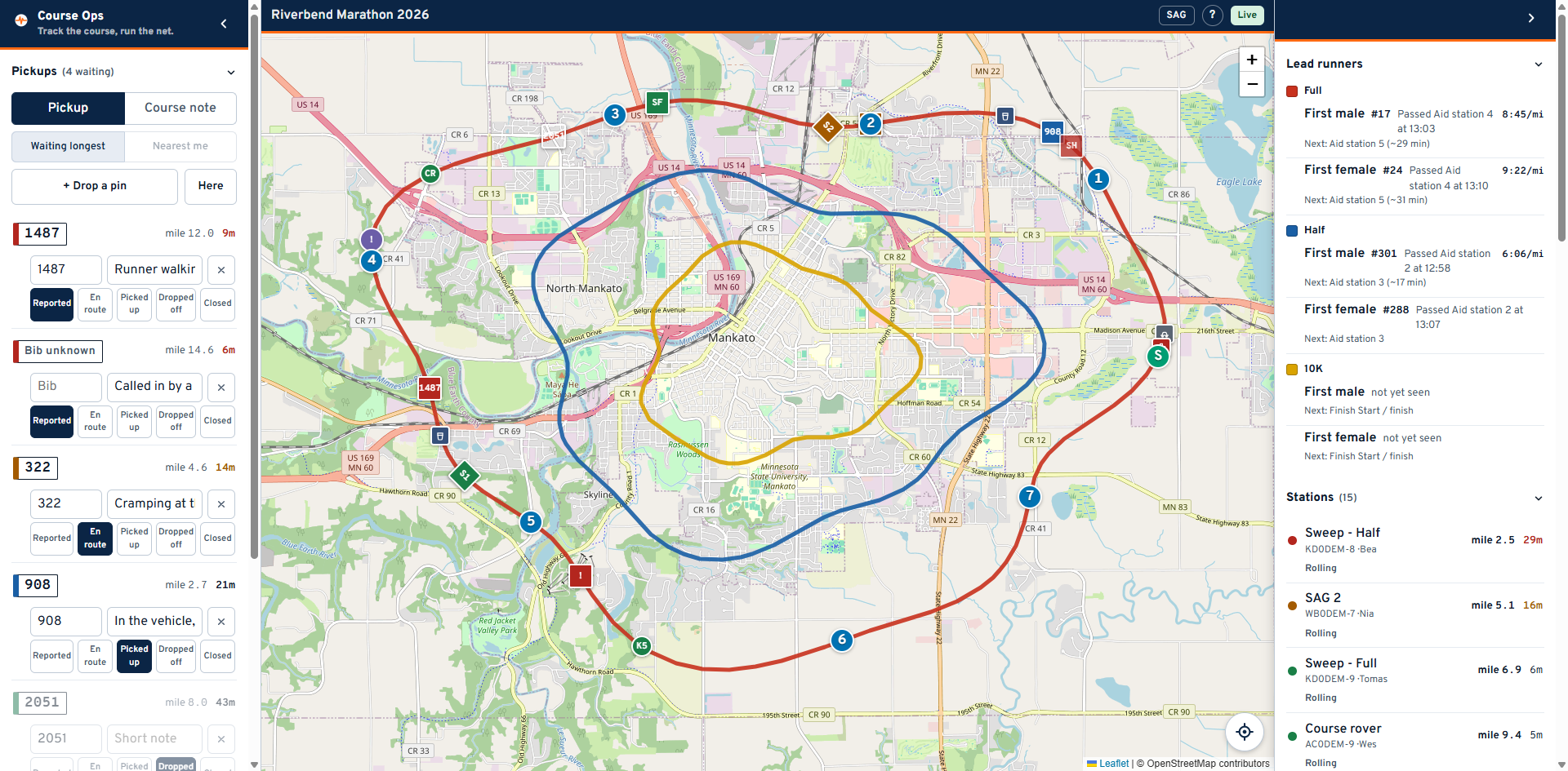 SAG: the pickup queue in the left column, the map, lead runners and stations on the right