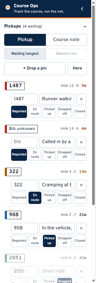 The pickup queue: bib, note and the workflow buttons