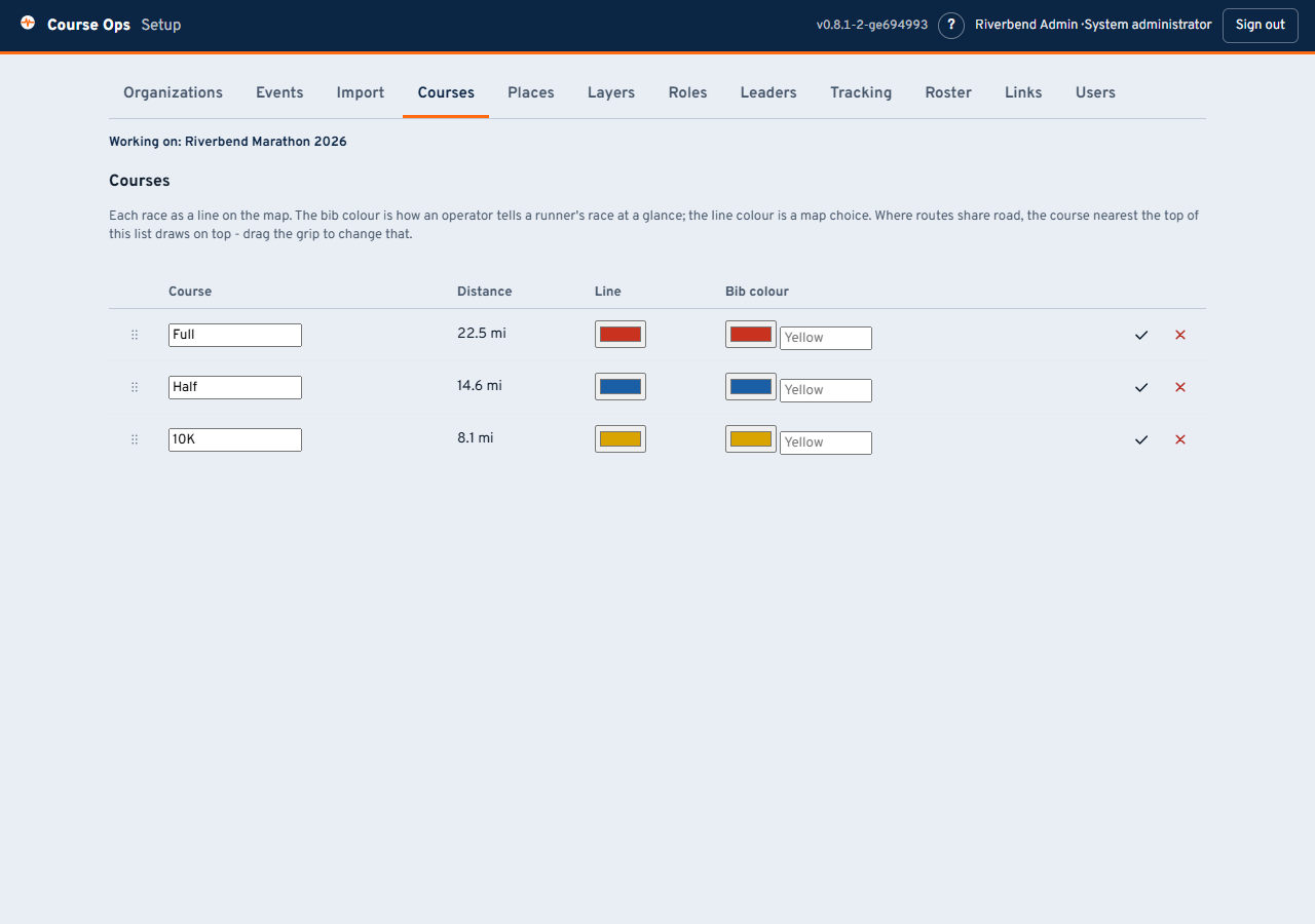 The Courses tab: name, distance, line colour, bib colour, drag to reorder