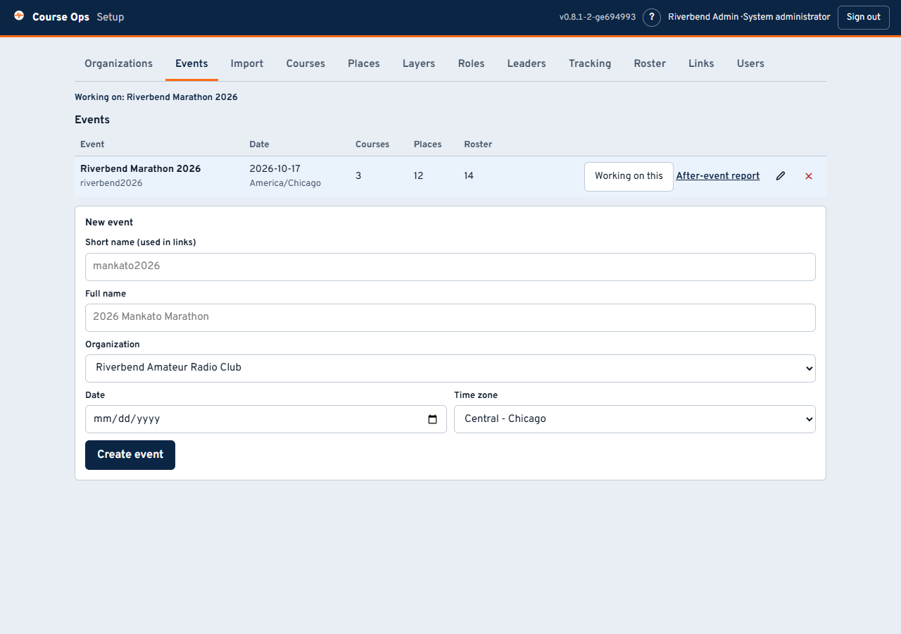 The Events tab: one row per event, with courses, places and roster counts