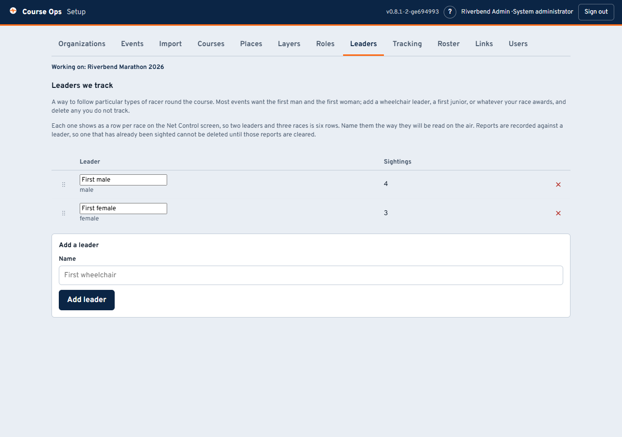 The Leaders tab: rename, add, delete, drag to reorder