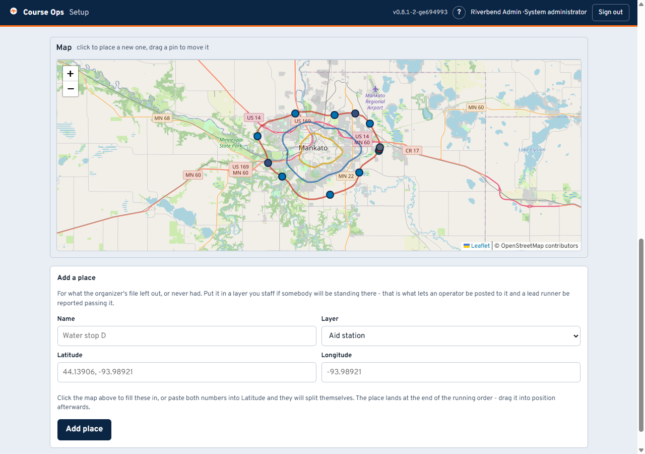 The map on the Places tab, with the routes drawn and a pin per place
