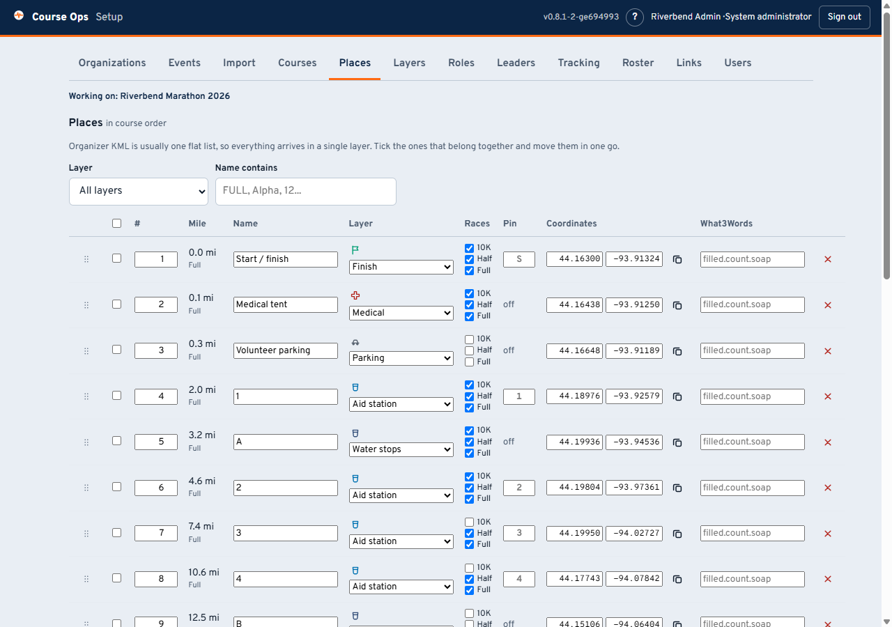 The Places tab: order, mile, name, layer, which races, pin label, coordinates, what3words, and the add form