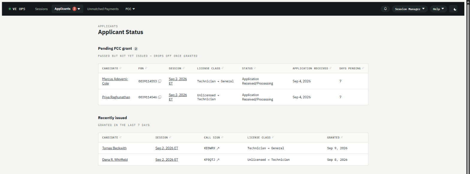 Applicant Status: candidates pending an FCC grant with days waiting, and a Recently issued list showing new call signs