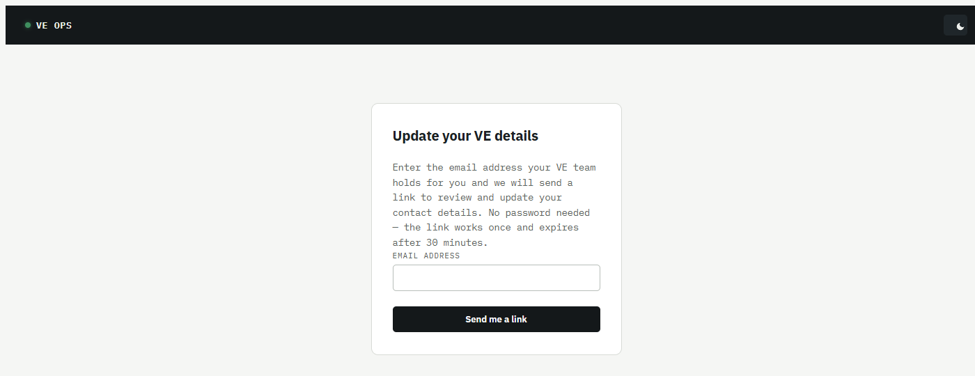 The VE sign-in page: one email field and a Send me a link button, with no password anywhere