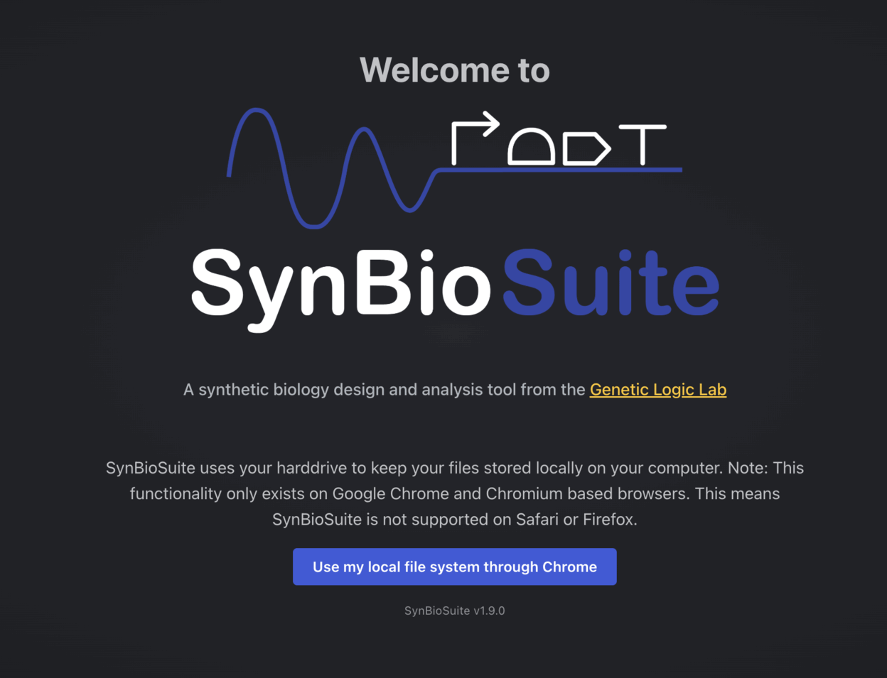 SynBioSuite landing page - Use my local file system through Chrome