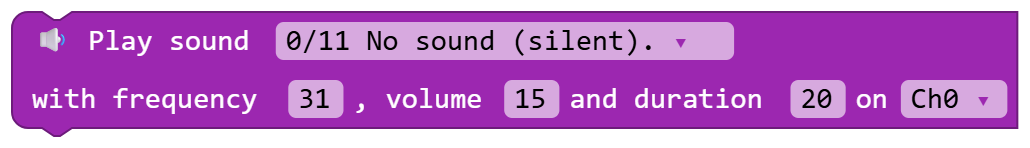 Play sound 0/11 No sound (silent). with frequency 31 , volume 15 and duration 20 on Ch0