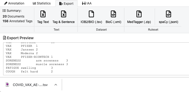 export as tag and text