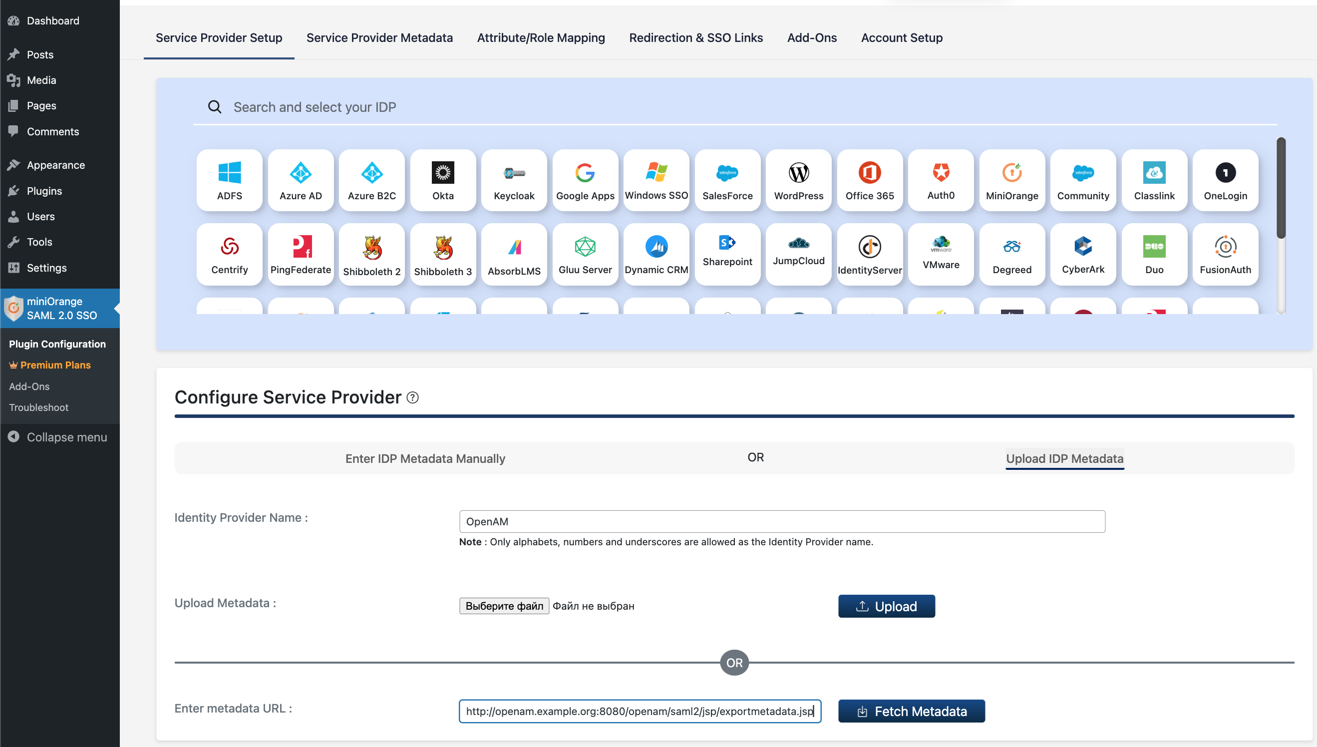 WordPress SAML Service Provider Settings