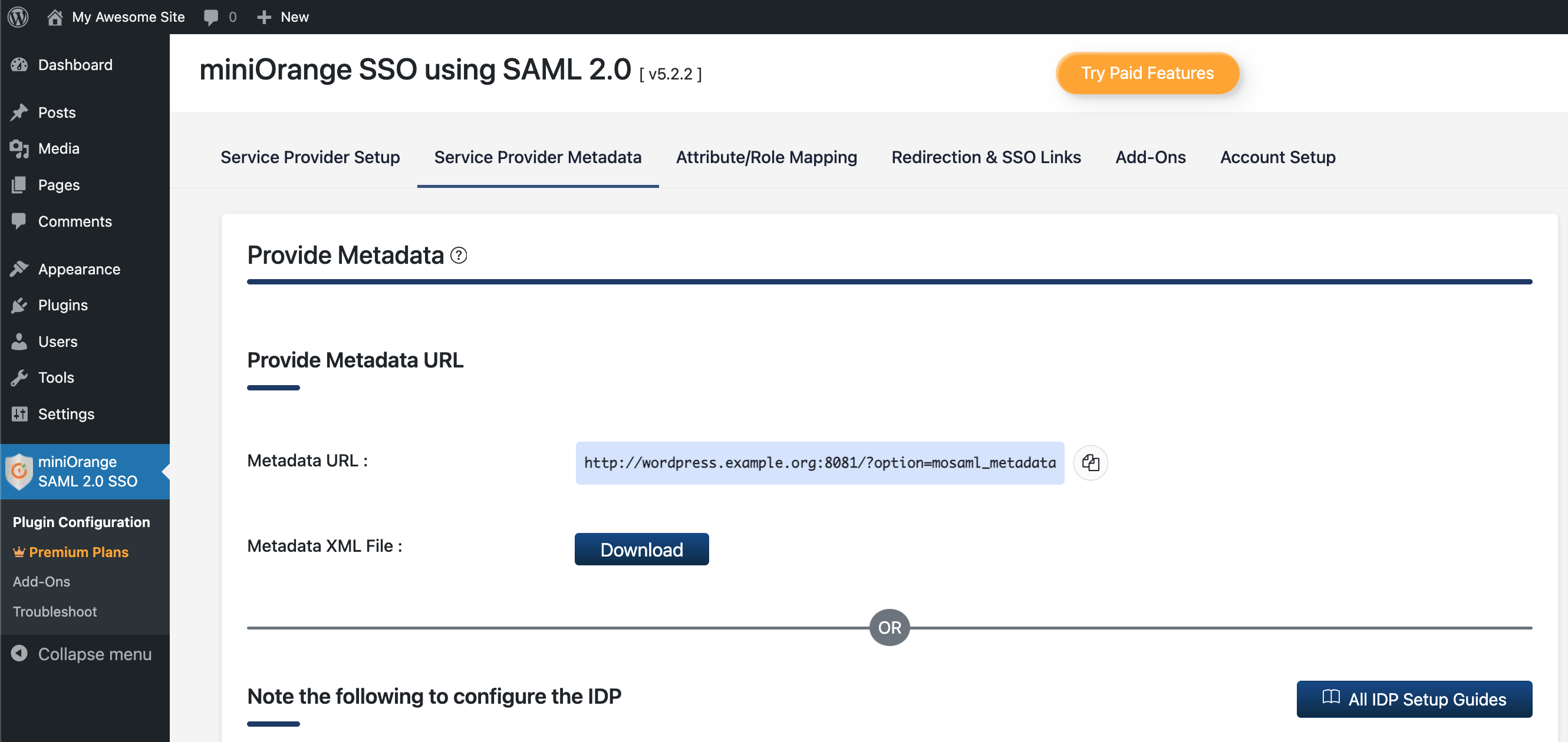 SAML SP WordPress Metadata