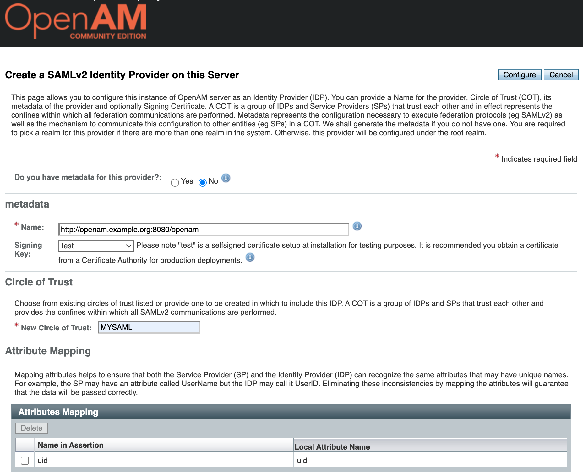 OpenAM SAML Identity Provider Settings