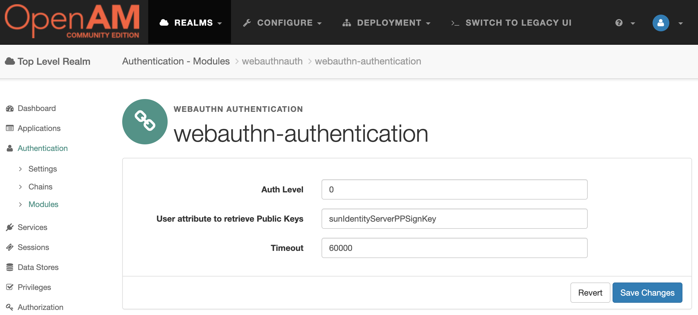 OpenAM WebAuthn Authentication Module Settings