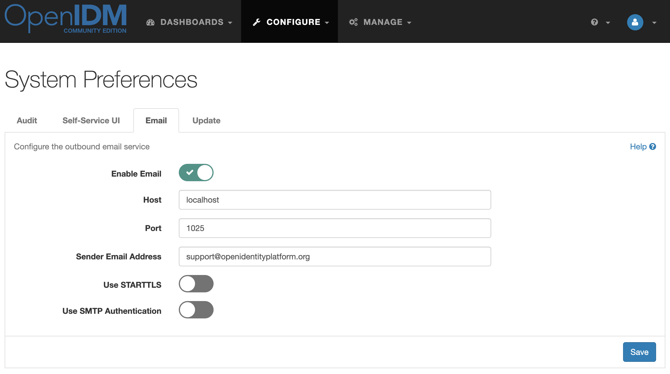 OpenIDM Email SMPT Settings