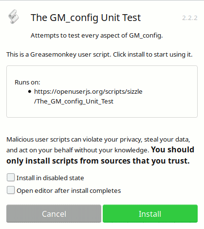 Screenshot of Greasemonkey script installation warning