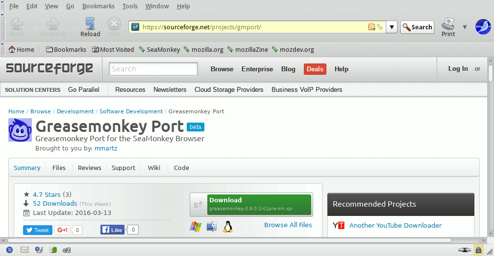 Screenshot of Greasemonkey Port page at SourceForge