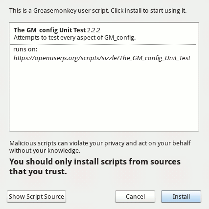 Screenshot of Greasemonkey Port script installation warning