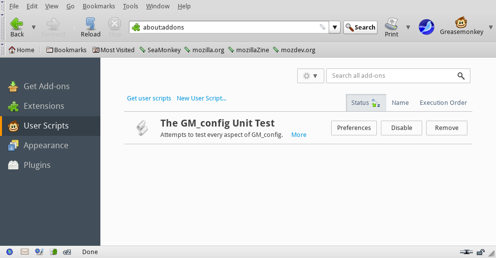 Screenshot of SeaMonkey Add-ons Manager User Scripts page