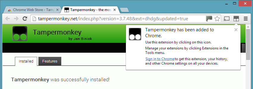 Screenshot of Tampermonkey installation
