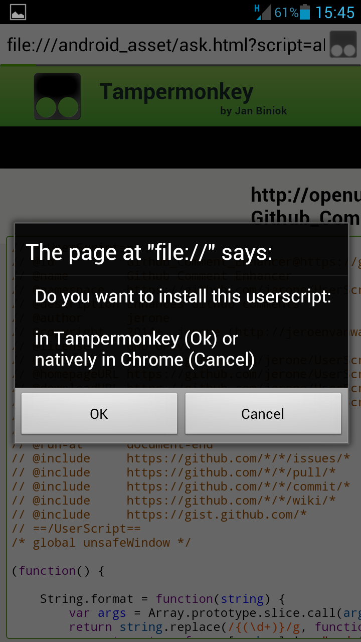 Screenshot of first userscript installation prompt