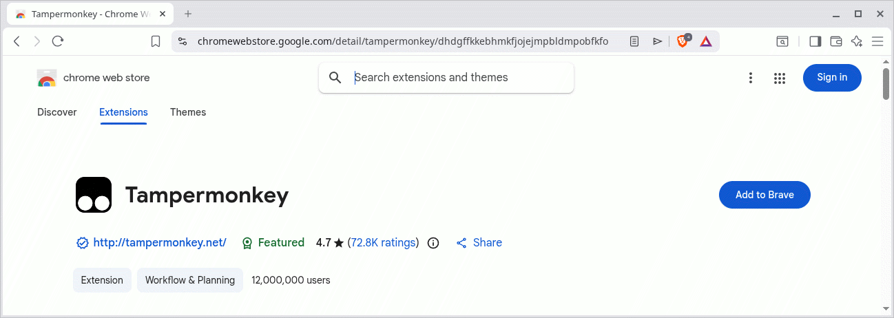 Screenshot of Tampermonkey page in Chrome Web Store