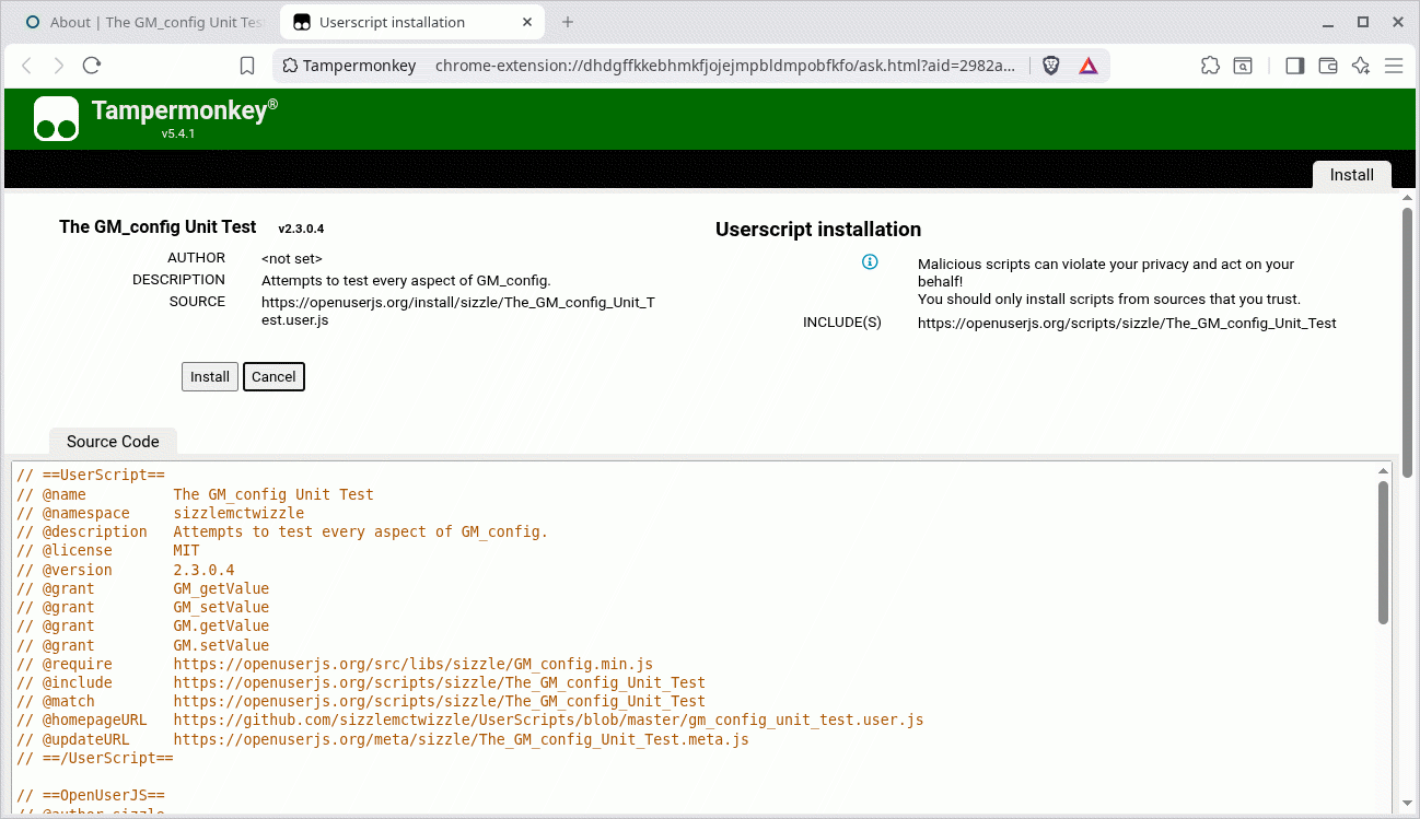 Screenshot of Tampermonkey script installation