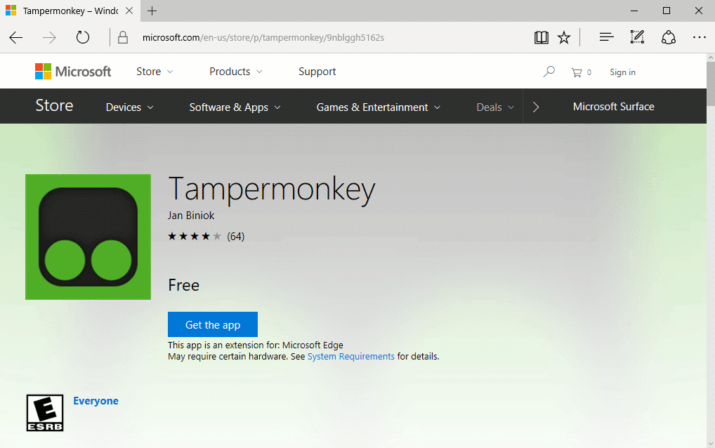 Screenshot of Tampermonkey page in Windows Store website
