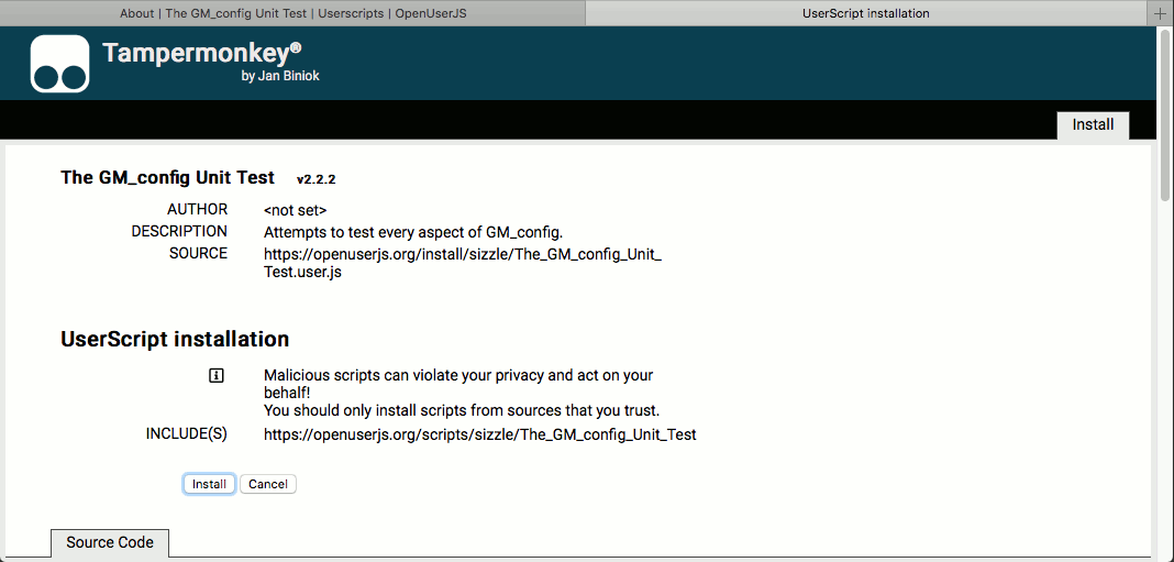 Screenshot of Tampermonkey script installation