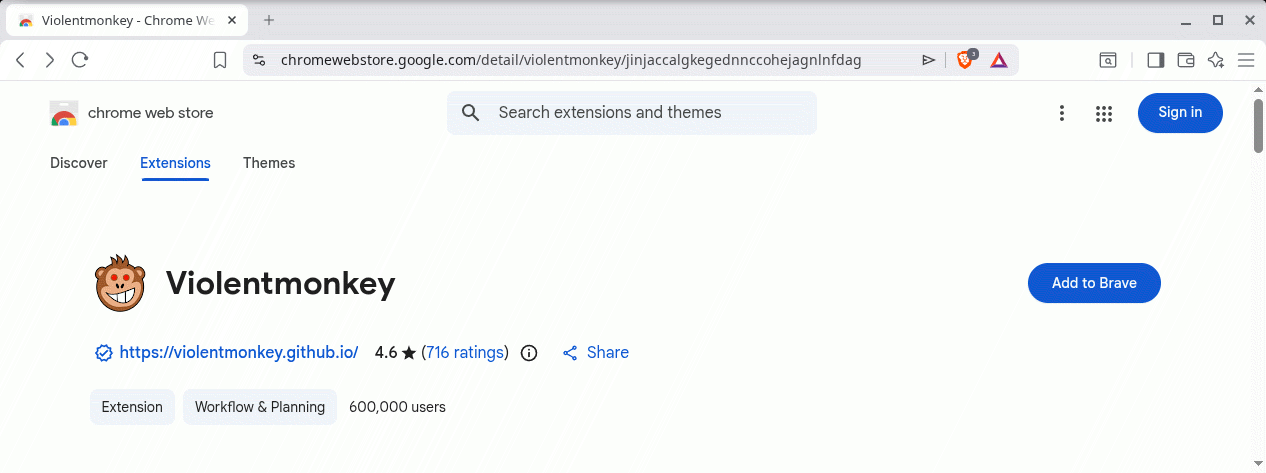 Screenshot of Violentmonkey page in Brave Add-ons website