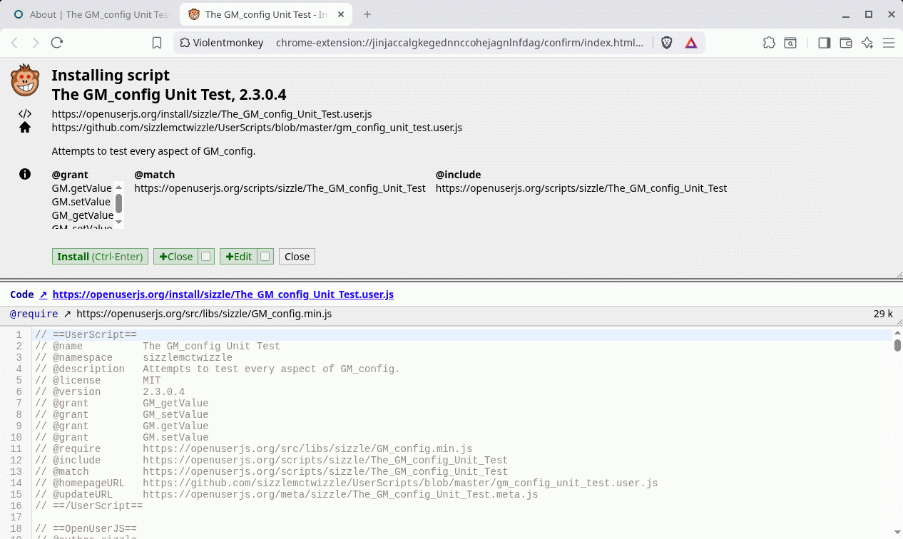 Screenshot of Violentmonkey script installation