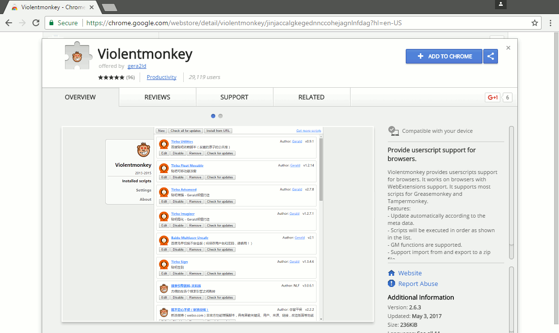 Screenshot of Violentmonkey page in Chrome Add-ons website