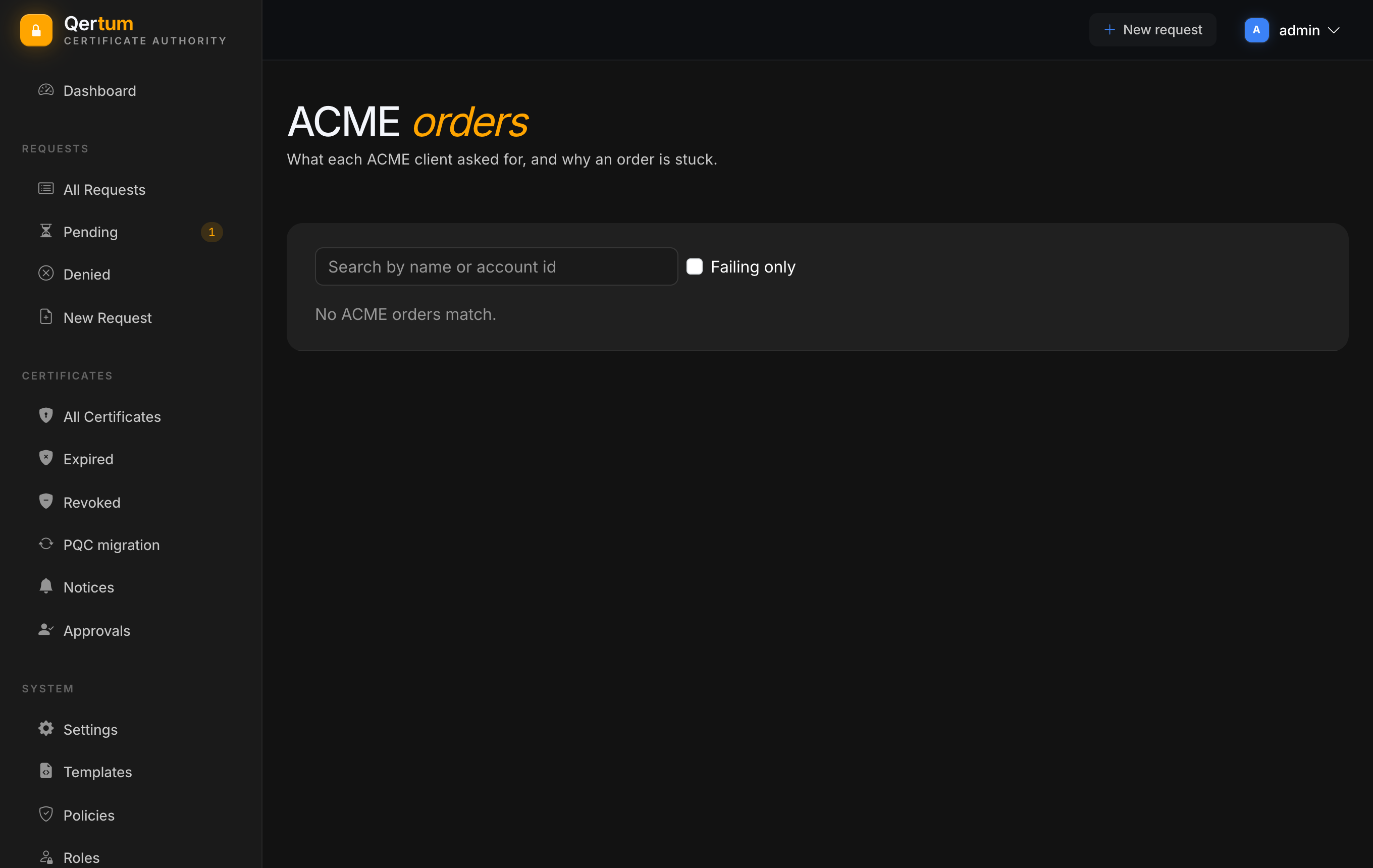The ACME orders page with search and a failing-only filter