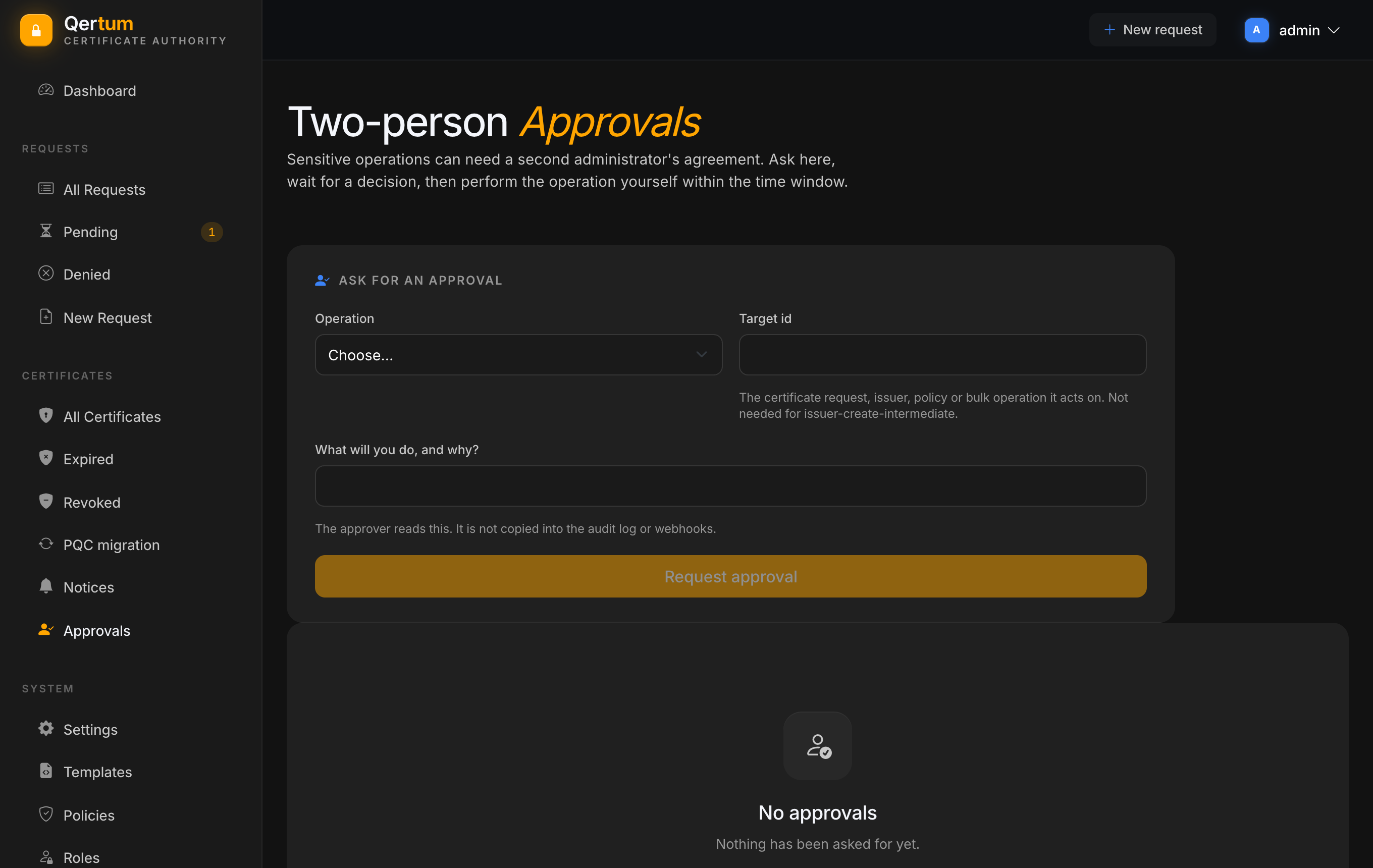 The Two-person Approvals page with the Ask for an approval form