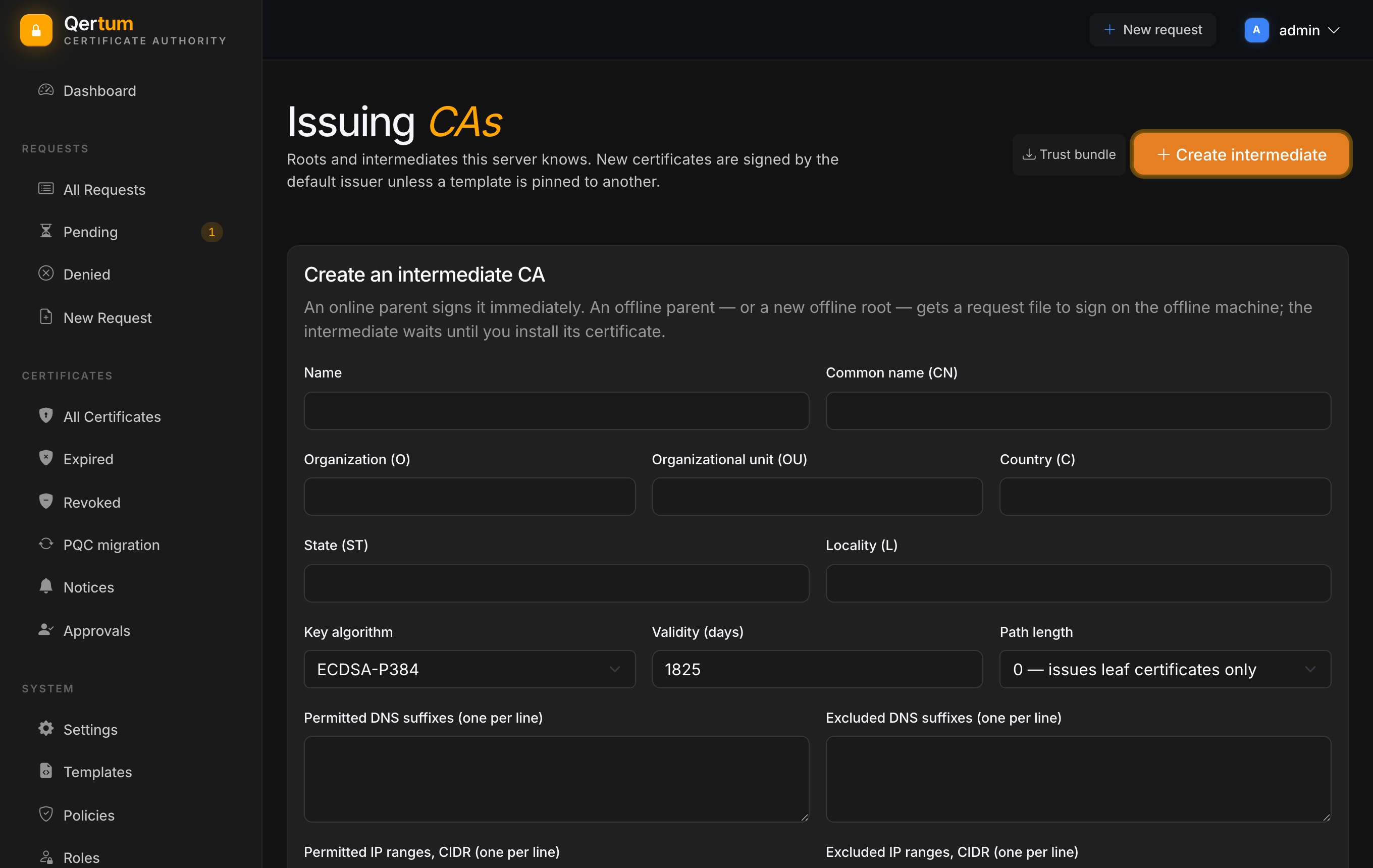 The Create an intermediate CA form with name, subject, algorithm, validity and constraints
