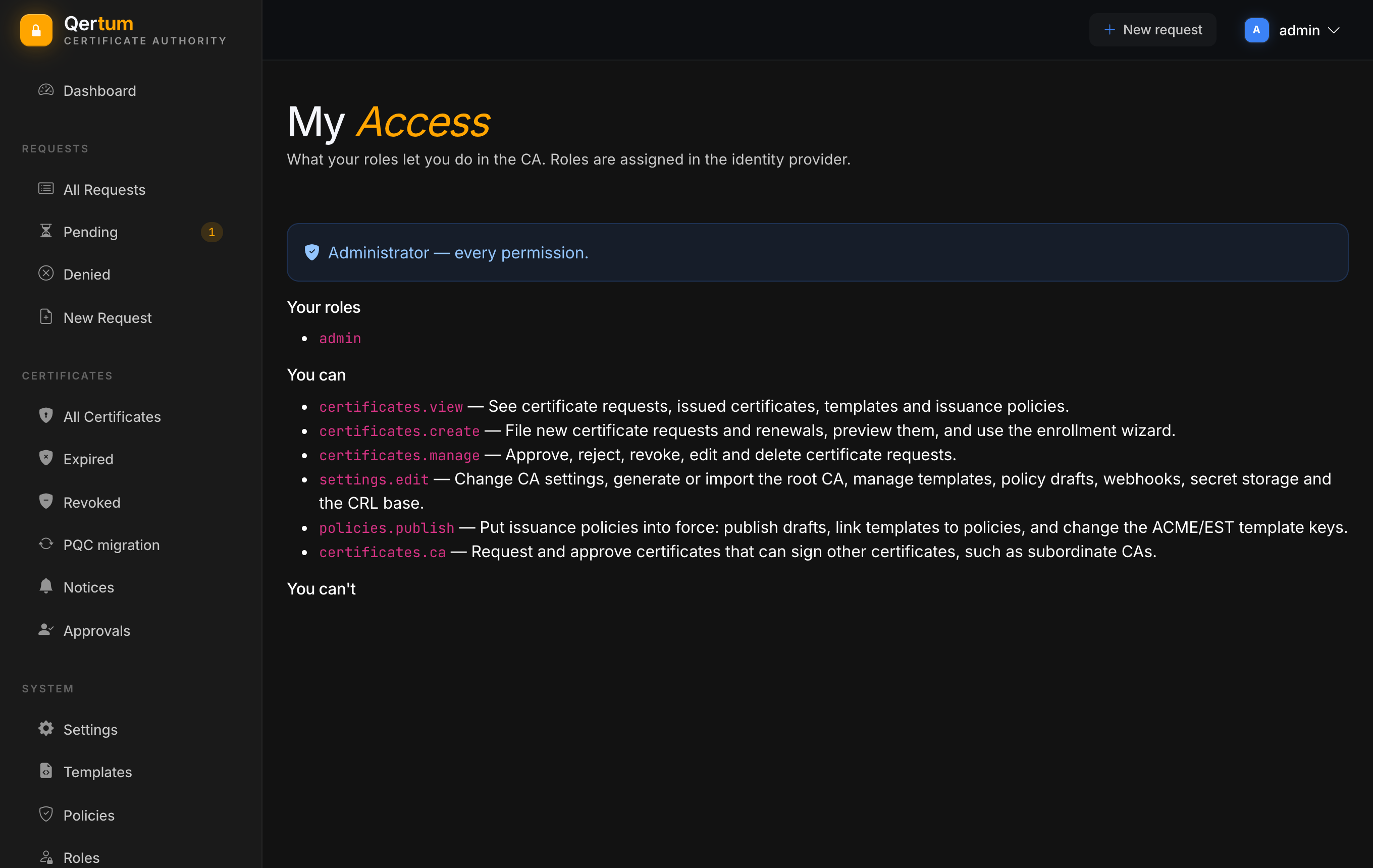 My Access showing the admin role and the permissions it grants