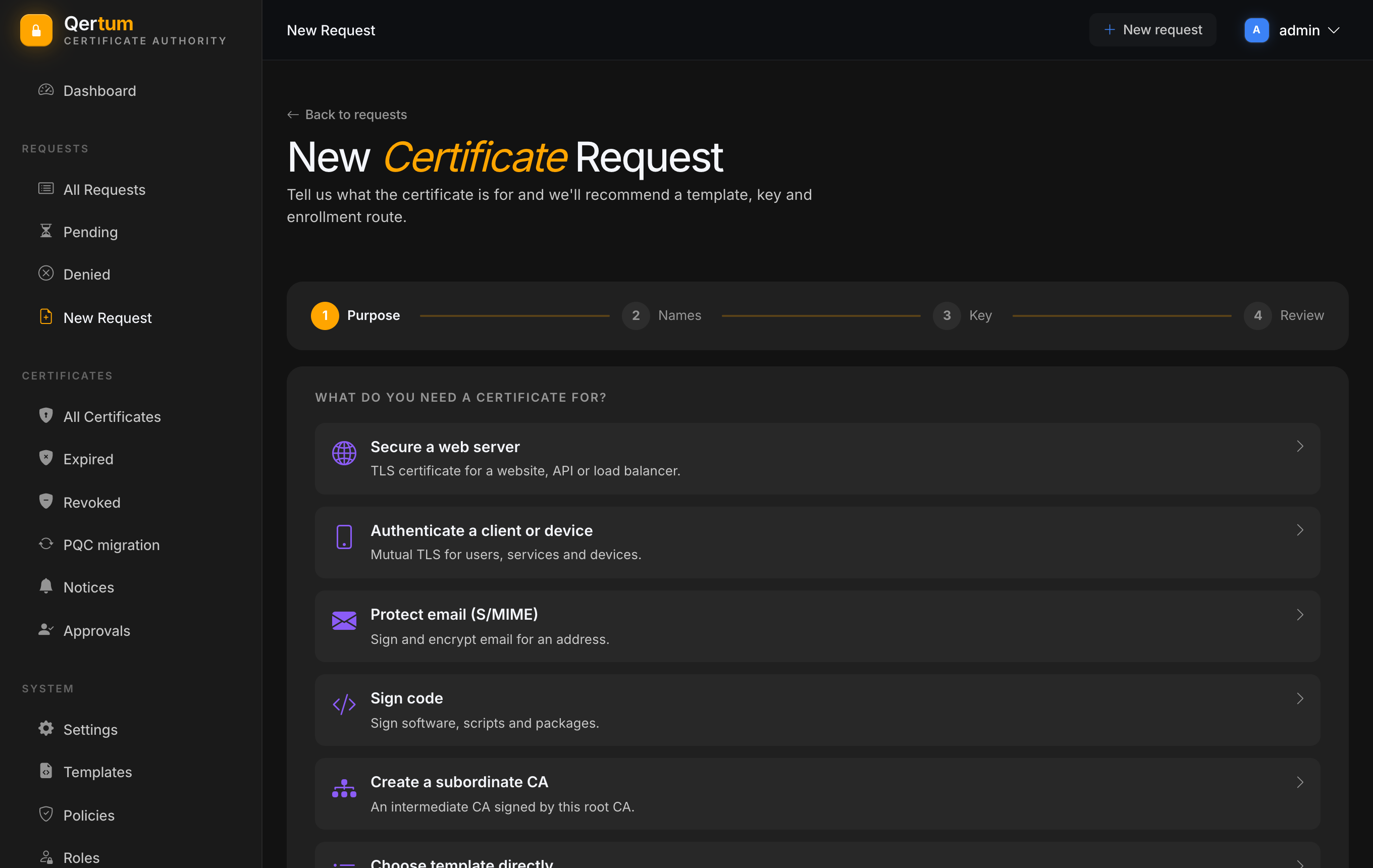 The first step of the New Request wizard, asking what the certificate is for