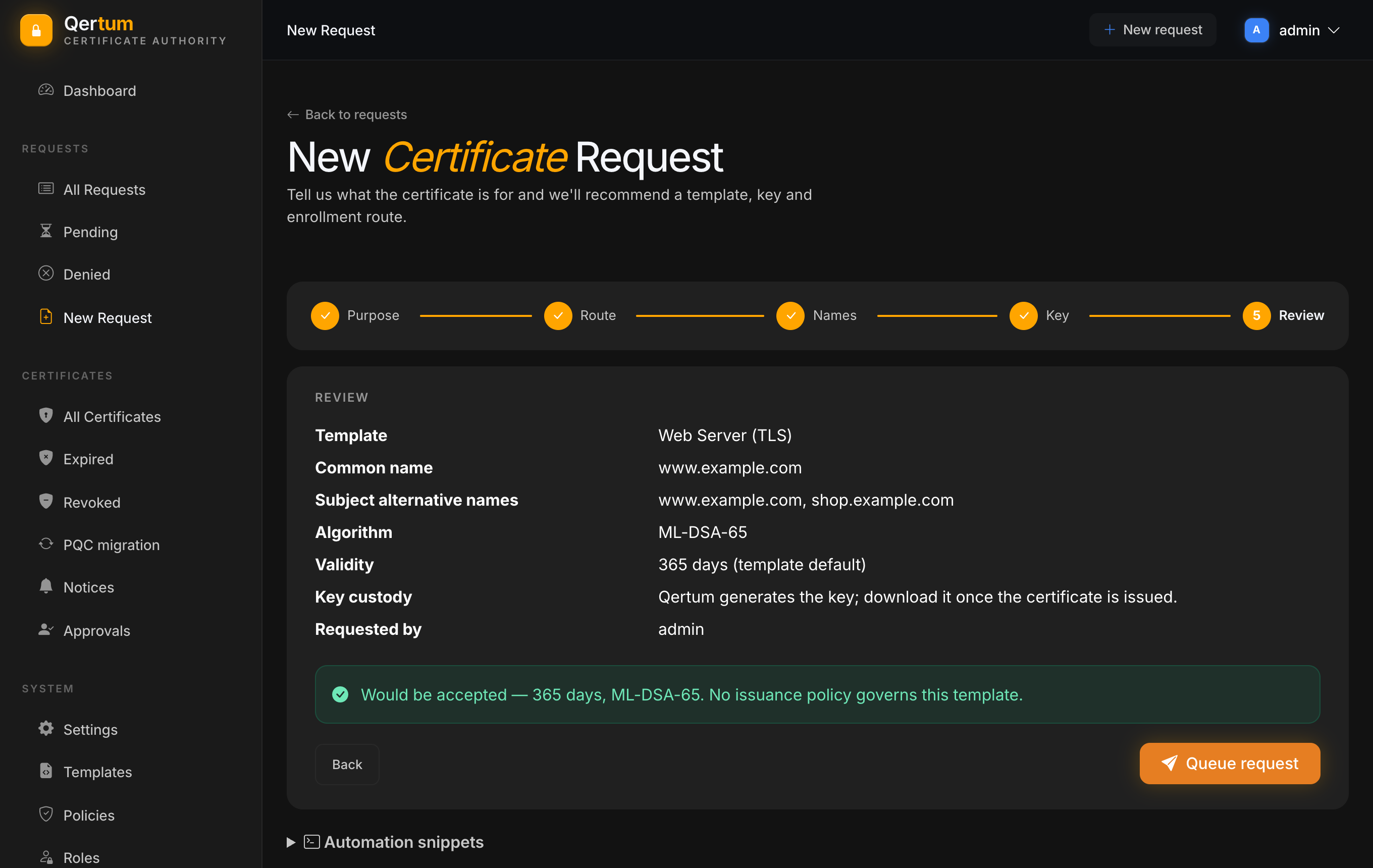 The Review step listing template, names, algorithm, validity and the policy verdict, with a Queue request button