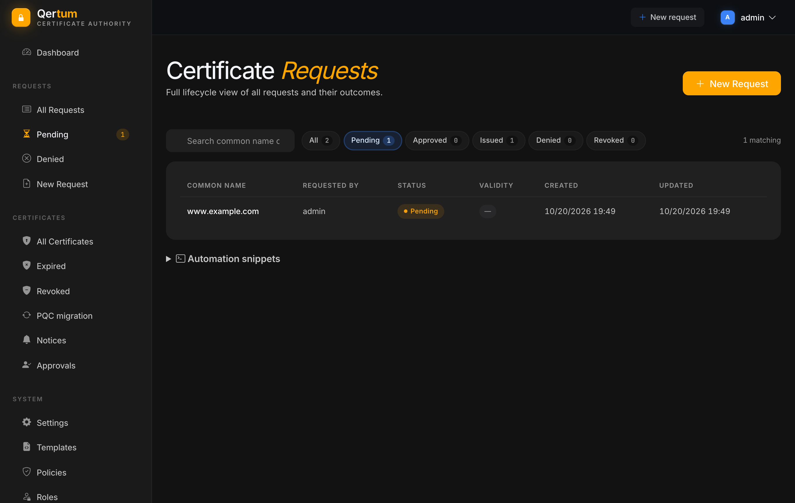 The Certificate Requests list filtered to Pending