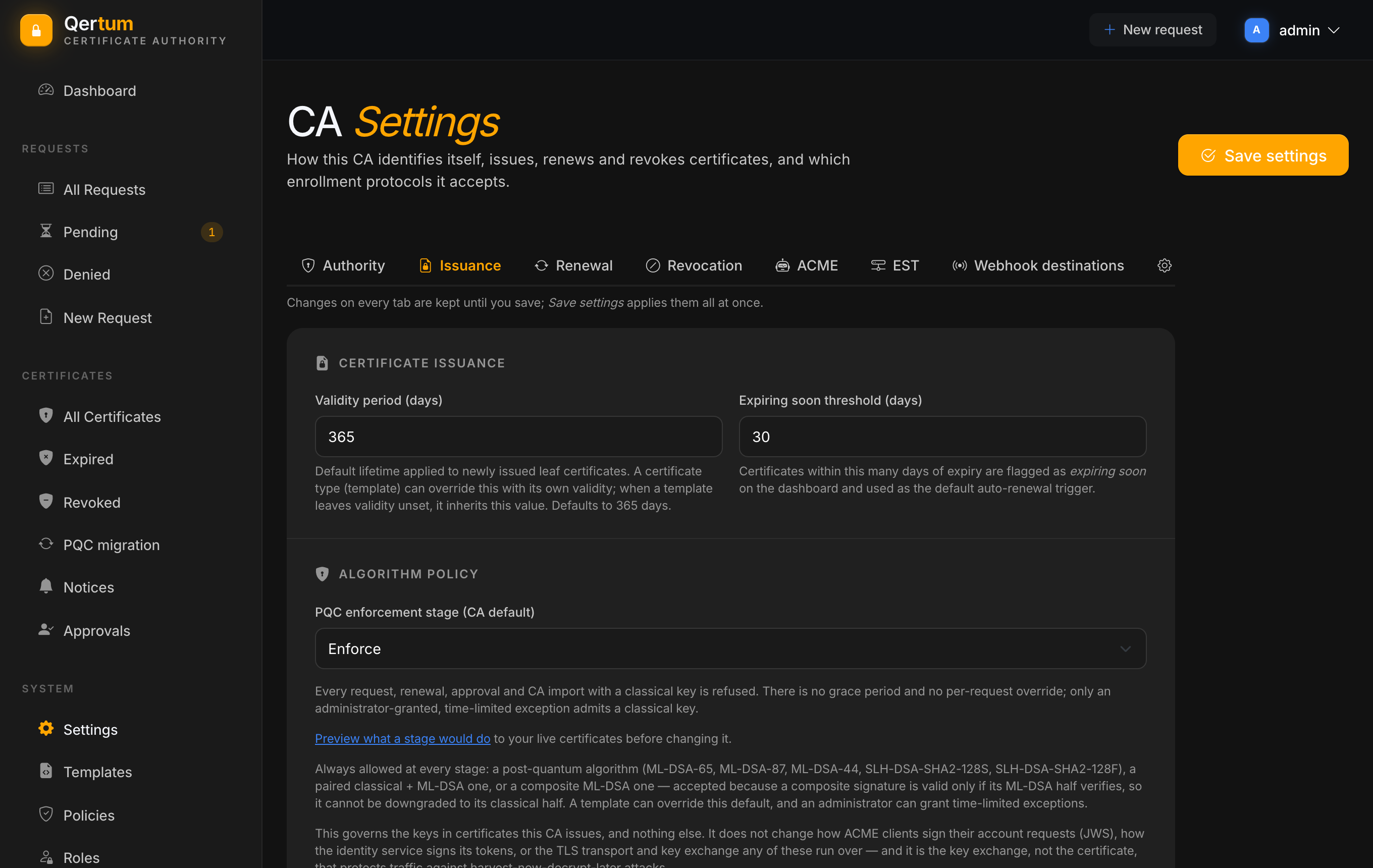 The Issuance tab of CA Settings with validity, expiry threshold and the PQC enforcement stage